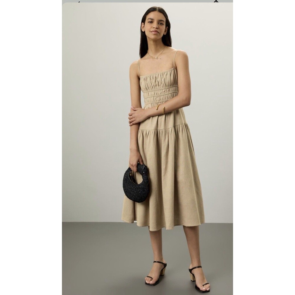 We Wore What Scrunchie Dress Beige Linen Casual Dress $128 Size M